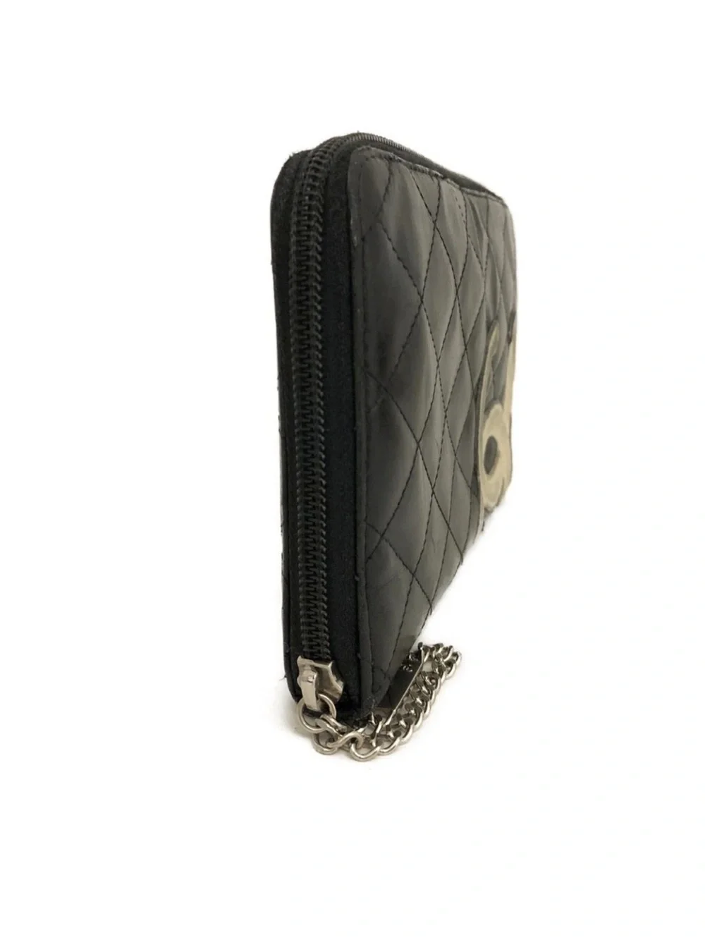 CHANEL Black Cambon Leather Zip Wallet with Cream CC Patch